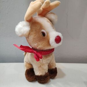 Vtg Russ Roscoe Reindeer Red Nose Plush Stuffed Animal Christmas 9‎ Inch Red Bow